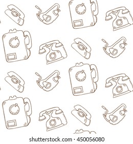 Seamless pattern with vector vintage phones. The set of old doodle phones.