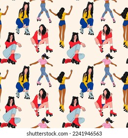 Seamless pattern with of Vector vintage skating girl with roller skates . Hand drawn roller skates sketch illustration. 80s, 90s style	