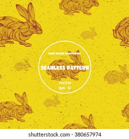 Seamless pattern. Vector vintage sketch of rabbit. Hand drawn illustration in line art style.