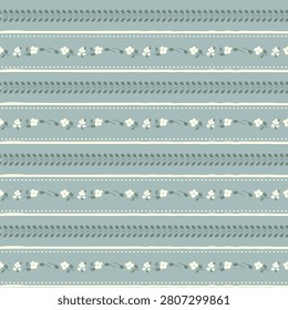 Seamless pattern vector with vintage small white flowers and green leaf vines on pastel blue horizontal stripes background. elegant rustic floral texture for fabric, textile, wallpaper.