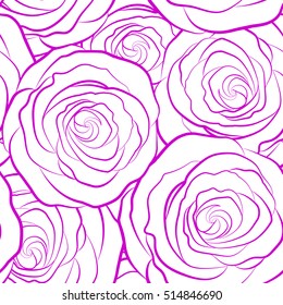 Seamless pattern with vector violet rose flowers silhouette on a white background.