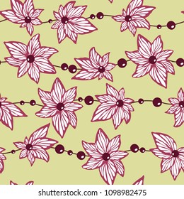 Seamless pattern vector for wallpaper and fabric textile with abstract herbal pattern of shapes of flowers and leaves with brads and lines in graphic design