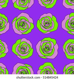 Seamless pattern. Vector watercolor background. Green, pink and violet abstract flowers.