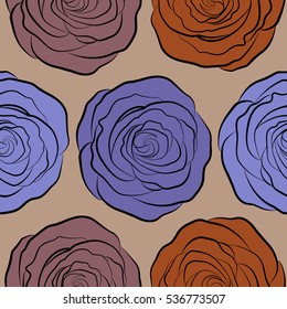 Seamless pattern. Vector watercolor background. Pink, brown and violet abstract flowers.