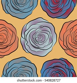 Seamless pattern. Vector watercolor background. Orange, neutral and blue abstract flowers.