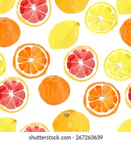 Seamless pattern with vector watercolor citrus: lemon, orange, grapefruit