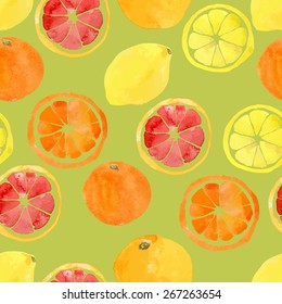 Seamless pattern with vector watercolor citrus: lemon, orange, grapefruit