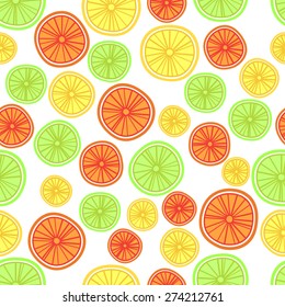 Seamless pattern with vector watercolor citrus: lemon, orange, grapefruit, lime.