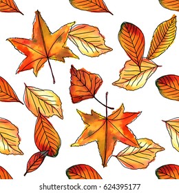 A seamless pattern of vector watercolor leaves on white background. Autumnal wallpaper design 