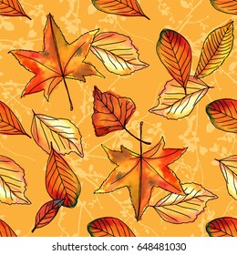 A seamless pattern of vector watercolor leaves and ink branches on a yellow background. Autumnal wallpaper design 