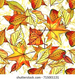 A seamless pattern of vector watercolor leaves, ink branches, and leaf silhouettes on a white background. Autumn wallpaper design