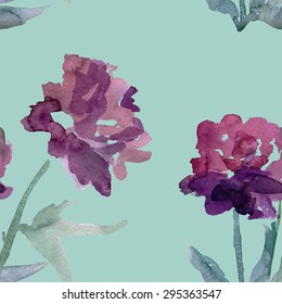 Seamless pattern with vector watercolor peonies, 