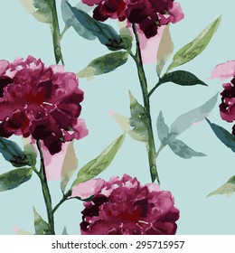 Seamless pattern with vector watercolor peonies, 