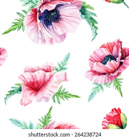 Seamless pattern of vector watercolor  pink poppies. Illustration of flowers. Vintage. Can be used for gift wrapping paper, background of Valentine's day, birthday, mother's day and so on. 