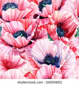 Seamless pattern of vector watercolor pink poppies. Illustration of flowers. Vintage. Can be used for gift wrapping paper, background of Valentine's day, birthday, mother's day and so on.