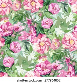 Seamless Pattern. Vector Watercolor Pink Peonies.