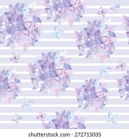 Seamless pattern. Vector watercolor purple hydrangea. Illustration of flowers. Vintage. Can be used for gift wrapping paper, birthday, mother's day, textile. Gentle, cute background.