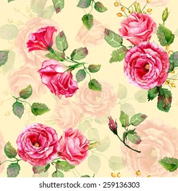 Seamless pattern of vector watercolor red roses. Illustration of flowers. Vintage. Can be used for gift wrapping paper, the background of Valentine's day, birthday, mother's day and so on.