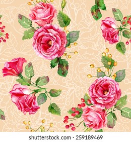 Seamless pattern of vector watercolor red roses. Illustration of flowers. Vintage. Can be used for gift wrapping paper, the background of Valentine's day, birthday, mother's day and so on.