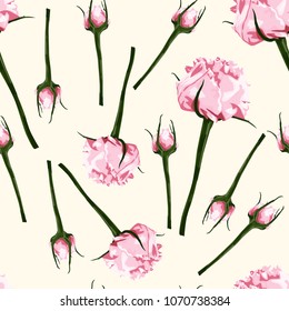 Seamless pattern of vector watercolor style pink bud of roses. Illustration of flowers. Can be used for gift wrapping paper, birthday, mother's day and so on. Vintage background.