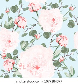 Seamless pattern of vector watercolor style pink eustoma and eucalyptus. Illustration of flowers. Vintage. Can be used for gift wrapping paper, birthday, mother's day and so on. Light blue background.