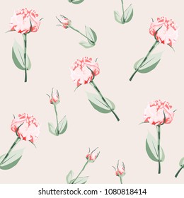 Seamless pattern of vector watercolor style pink eustoma and roses. Illustration of flowers. Can be used for gift wrapping paper, birthday, mother's day and so on. Vintage background.
