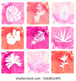 Seamless pattern in vector watercolor in sweet mood paint with exotic plant silhouette leaves design for fashion, fabric,web,wallpaper, and all prints