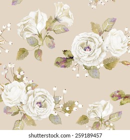 Seamless pattern of vector watercolor white  roses. Illustration of flowers. Vintage. Can be used for gift wrapping paper, the background of Valentine's day, birthday, mother's day and so on.