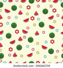 Seamless pattern vector. Watermelon, flower and yellow background in bright summer style