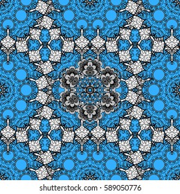 Seamless pattern. Vector white floral ornament brocade textile and glass pattern. White with floral pattern. Blue background with white elements.