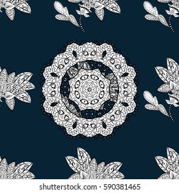 Seamless pattern. Vector white floral ornament brocade textile and glass pattern. White with floral pattern. Blue background with white elements.