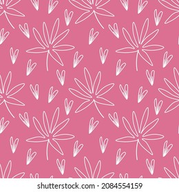 Seamless pattern with vector white flowers in on Pacific Pink background. Repeating, Floral, botanical print hand drawn.Design for wrapping paper, packaging, social media, textiles, fabric.