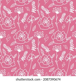 Seamless pattern with vector white flowers in on Pacific Pink background. Repeating, Floral, botanical print hand drawn.Design for wrapping paper, packaging, social media, textiles, fabric.