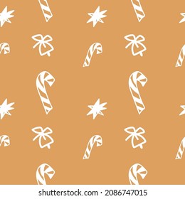 Seamless pattern with vector white minimalist line Christmas Gingerbread color. Repeating, Winter print doodle hand drawn.Design for wrapping paper, packaging, social media, textiles, fabric.