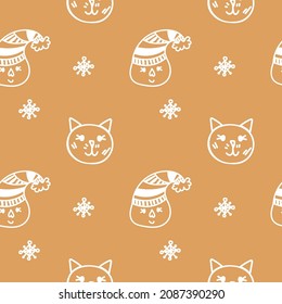Seamless pattern with vector white minimalist line Christmas Gingerbread color. Repeating, Winter print doodle hand drawn.Design for wrapping paper, packaging, social media, textiles, fabric.