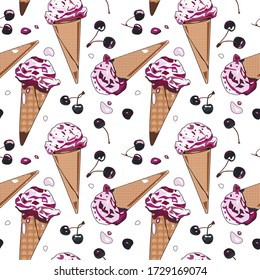 Seamless pattern in vector with white and pink ice cream and cherry on white background.
