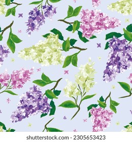 Seamless pattern vector white pink and purple lilac branches on blue background