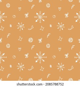 Seamless pattern with vector white snowflakes Gingerbread color. Repeating, Christmas, Winter in doodle style print hand drawn.Design for wrapping paper, packaging, social media, textiles, fabric.