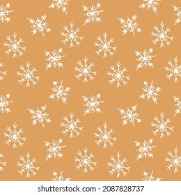 Seamless pattern with vector white snowflakes Gingerbread color. Repeating, Christmas, Winter in doodle style print hand drawn.Design for wrapping paper, packaging, social media, textiles, fabric.
