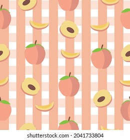 Seamless pattern vector. Whole peach, half with seed and slice on gingham background in bright summer style