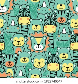 Seamless pattern vector of wildlife animals cartoon with leaf