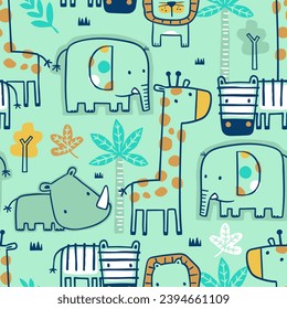 Seamless pattern vector of wildlife animals cartoon in contour art concept