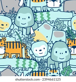 Seamless pattern vector of wildlife animals cartoon in contour art concept