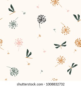 Seamless pattern vector  with wind blow flowers and dragonflies. beautiful hand-drawn illustration on beige.