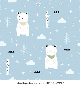 Seamless pattern vector Winter background with white bear and snow Hand drawn design in cartoon style, use for fabric, fashion, textiles.