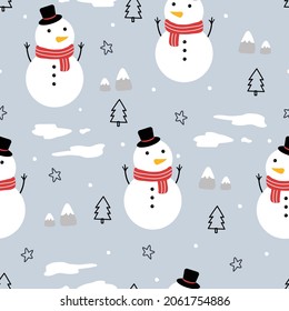 Seamless Pattern Vector Winter Background With Christmas Festival With Snowman And Snow. Hand drawn design in cartoon style. Use for fabric, fashion, textile.