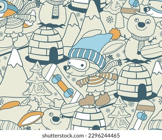 seamless pattern vector of winter elements cartoon with fox on snowboard