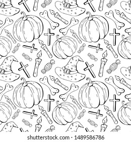 Seamless pattern in vector witch hat, pumpkin, bone, candy. Black and white background line. Hand drawn design for textile, paper, Wallpaper, packaging. Doodle style. Festive decoration happy Hallowee