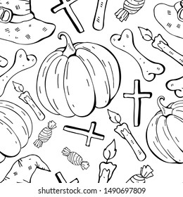 Seamless pattern in vector witch hat, pumpkin, bone, candy. Black and white background line. Hand drawn design for textile, paper, Wallpaper, packaging. Doodle style. Festive decoration happy Hallowee