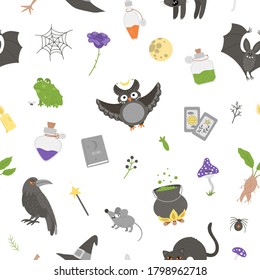 Seamless pattern with vector witchcraft elements. Digital paper with Halloween icons. Cute autumn all saints eve background with black cat, spell book, broom, cauldron for kids. 
